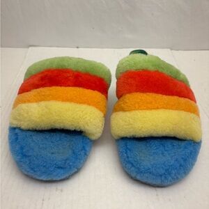 UGG Plush Slide Slippers in Blue and Lime, size 5 big girl, box 30